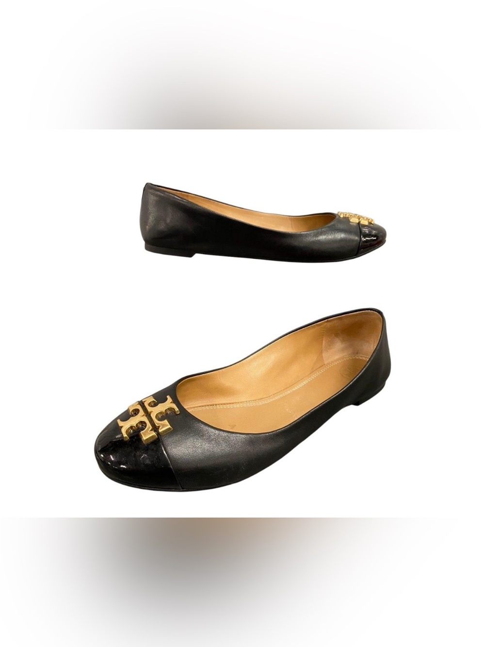Tory Burch Black Patent Leather Ballet Flats Gold Logo Square Toe Size 8
